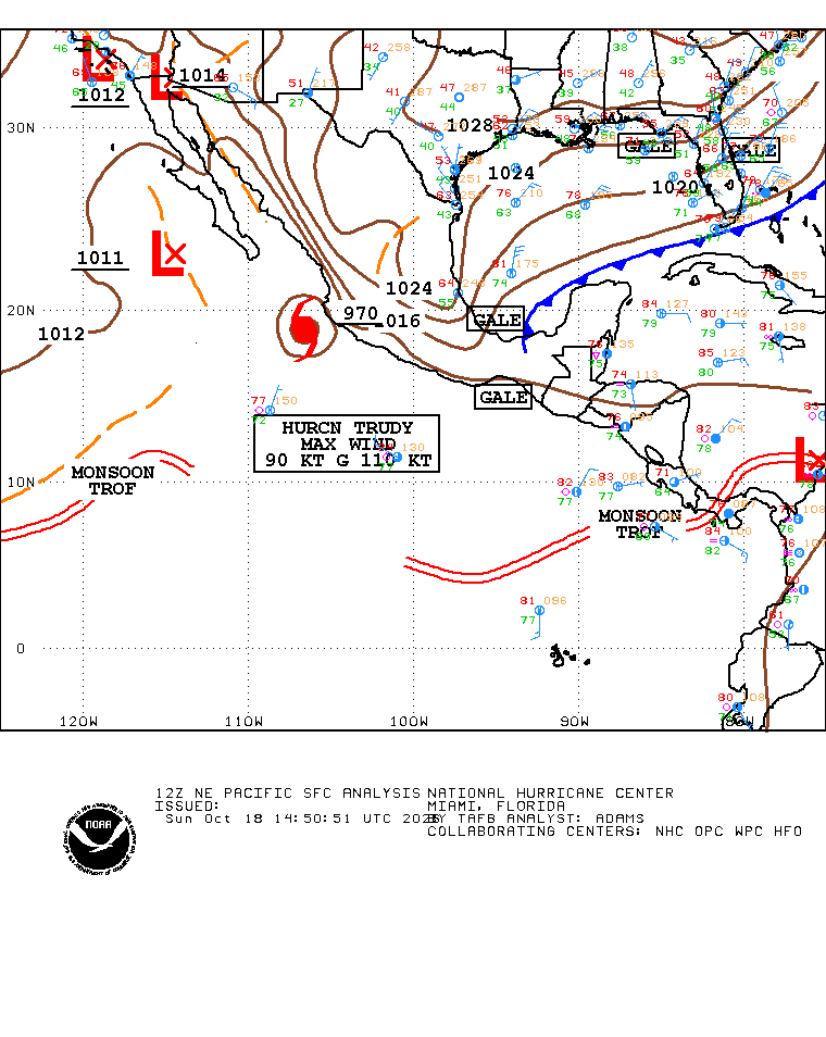 Situación general del Pacífico Este - tormentas tropicales y áreas de vigilancia