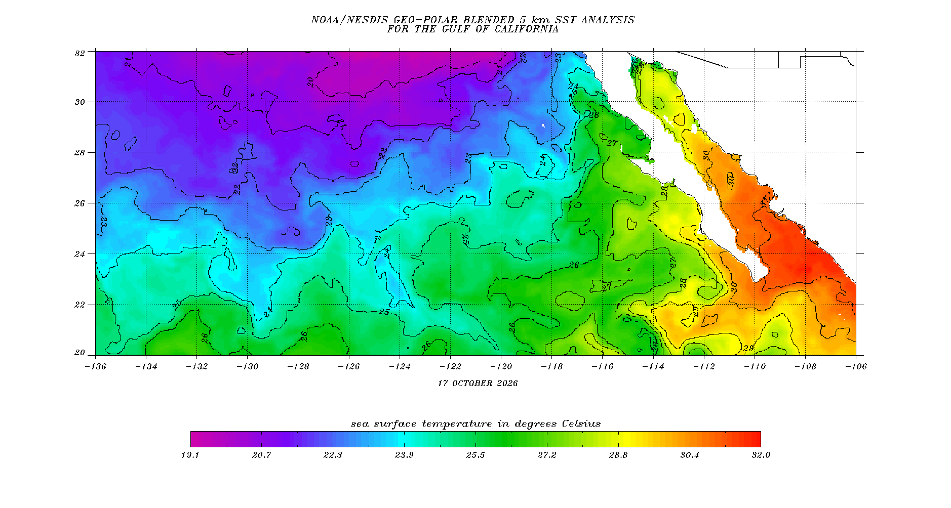 Temperatura superficial del mar con contornos - Golfo de California y costa del Pacífico mexicano